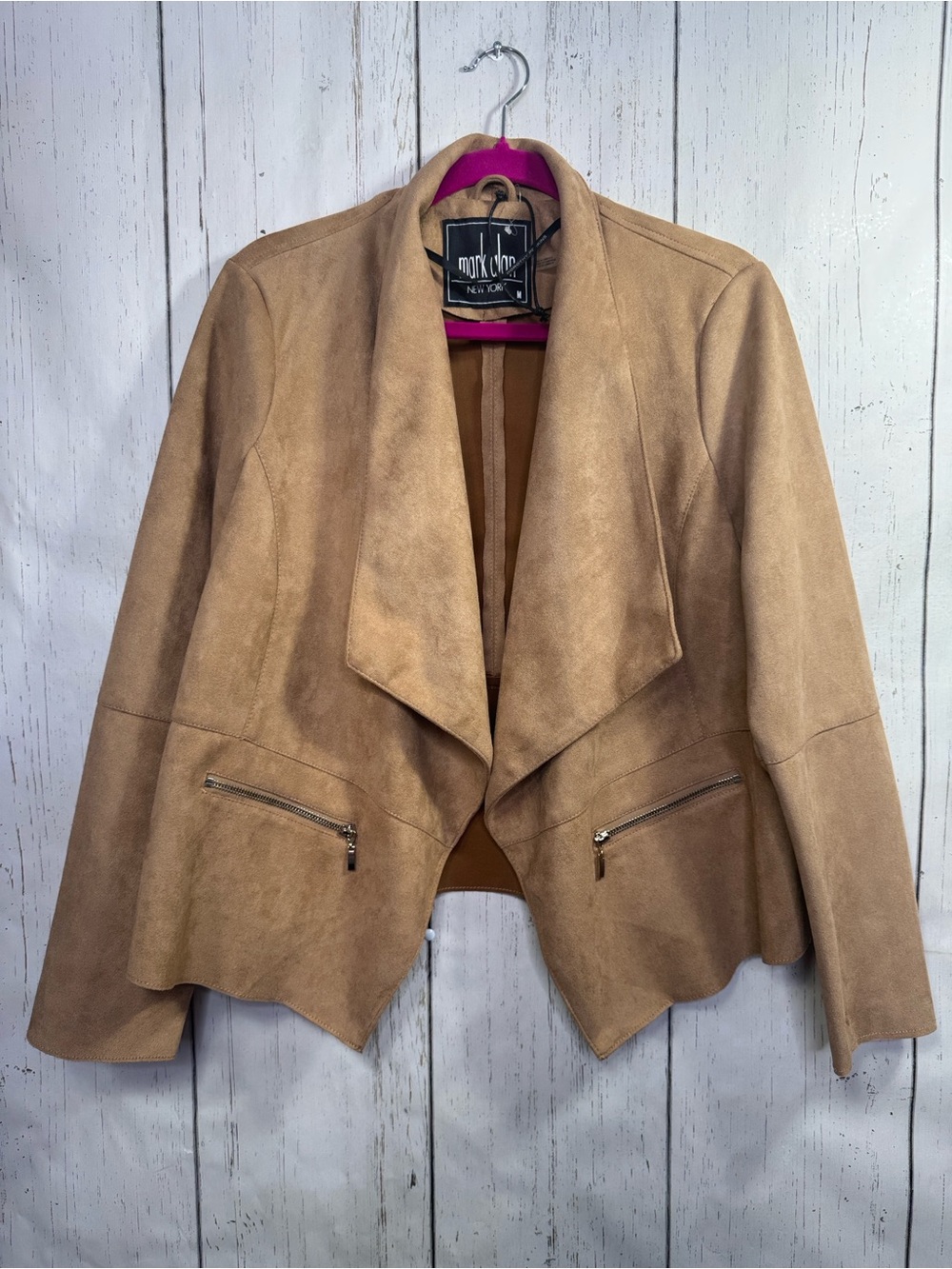 Mark Alan New York Tan Faux Suede Waterfall Blazer Jacket M Quiet Luxury Classic